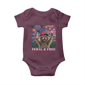 USA 250 Years Freedom Baby Onesie Feral and Free Funny Raccoon Driking Beer 4th of July TS14 Maroon Print Your Wear