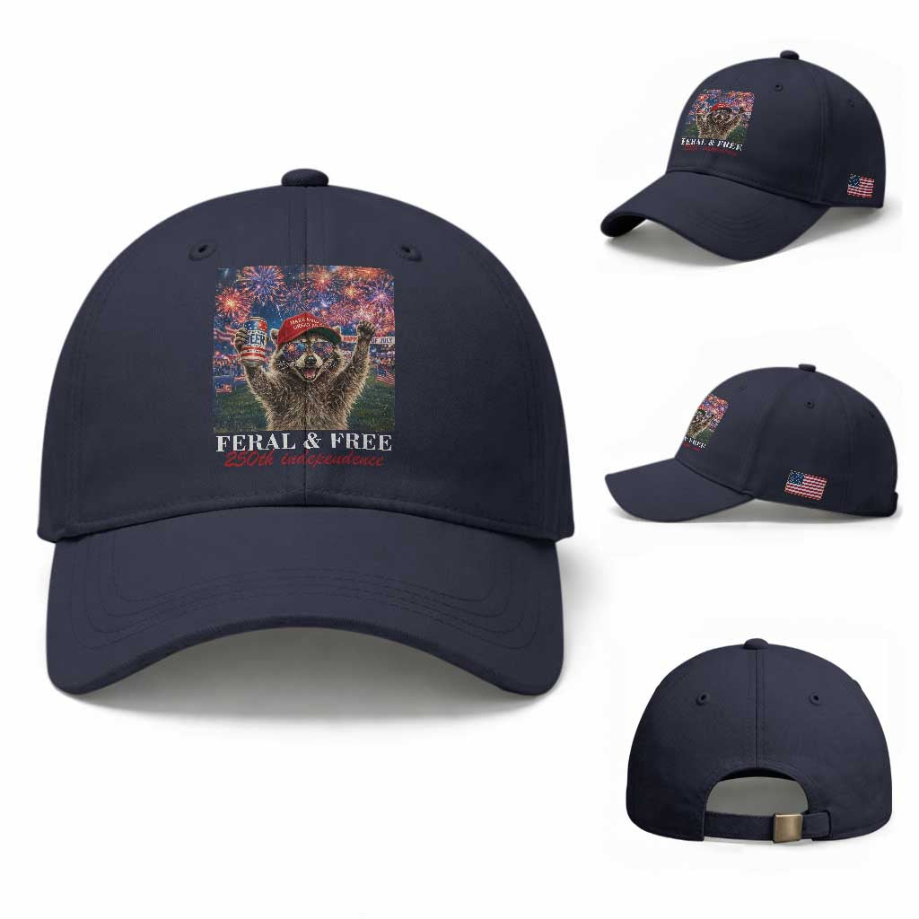 USA 250 Years Freedom Baseball Cap Feral and Free Funny Raccoon Driking Beer 4th of July TS14 Baseball Cap Universal Fit Navy Print Your Wear