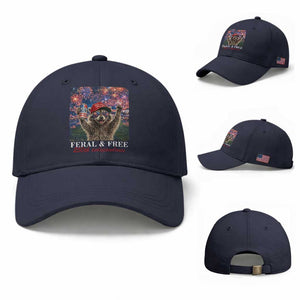 USA 250 Years Freedom Baseball Cap Feral and Free Funny Raccoon Driking Beer 4th of July TS14 Baseball Cap Universal Fit Navy Print Your Wear