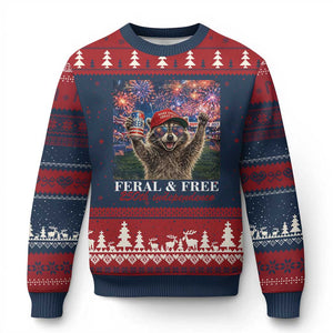 USA 250 Years Freedom Ugly Christmas Sweater Feral and Free Funny Raccoon Driking Beer 4th of July TS14 Navy Red Print Your Wear