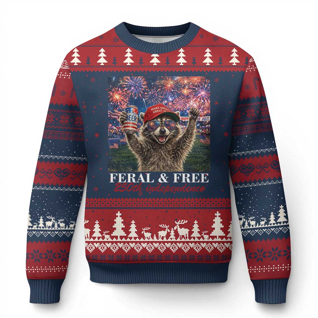 USA 250 Years Freedom Ugly Christmas Sweater Feral and Free Funny Raccoon Driking Beer 4th of July TS14 Navy Red Print Your Wear