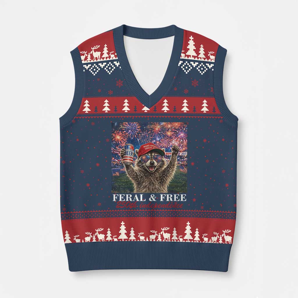 USA 250 Years Freedom V-Neck Knit Sweater Vest Feral and Free Funny Raccoon Driking Beer 4th of July TS14 Navy Red Print Your Wear
