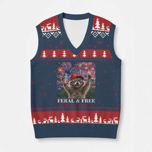 USA 250 Years Freedom V-Neck Knit Sweater Vest Feral and Free Funny Raccoon Driking Beer 4th of July TS14 Navy Red Print Your Wear