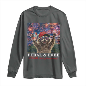 USA 250 Years Freedom Long Sleeve Shirt Feral and Free Funny Raccoon Driking Beer 4th of July TS14 Dark Heather Print Your Wear