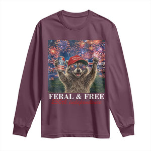 USA 250 Years Freedom Long Sleeve Shirt Feral and Free Funny Raccoon Driking Beer 4th of July TS14 Maroon Print Your Wear