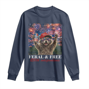 USA 250 Years Freedom Long Sleeve Shirt Feral and Free Funny Raccoon Driking Beer 4th of July TS14 Navy Print Your Wear