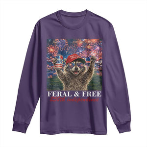 USA 250 Years Freedom Long Sleeve Shirt Feral and Free Funny Raccoon Driking Beer 4th of July TS14 Purple Print Your Wear