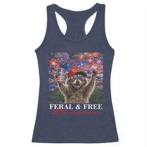 USA 250 Years Freedom Racerback Tank Top Feral and Free Funny Raccoon Driking Beer 4th of July TS14 Navy Print Your Wear