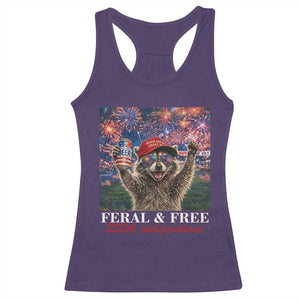 USA 250 Years Freedom Racerback Tank Top Feral and Free Funny Raccoon Driking Beer 4th of July TS14 Purple Print Your Wear