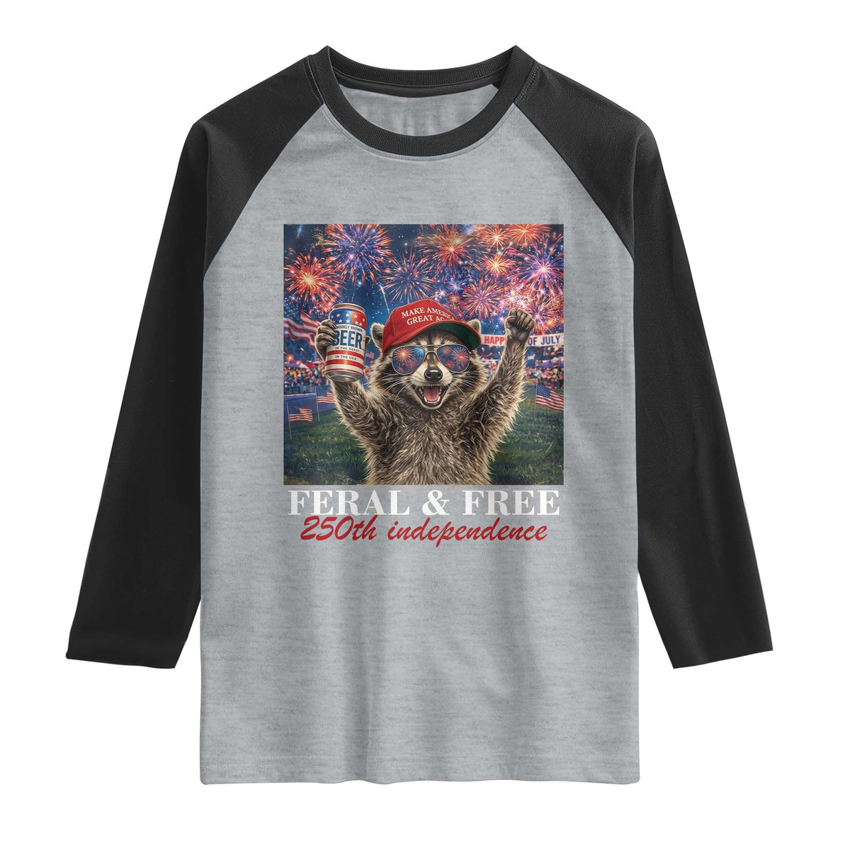 USA 250 Years Freedom Raglan Shirt Feral and Free Funny Raccoon Driking Beer 4th of July TS14 Heather Gray Black Print Your Wear