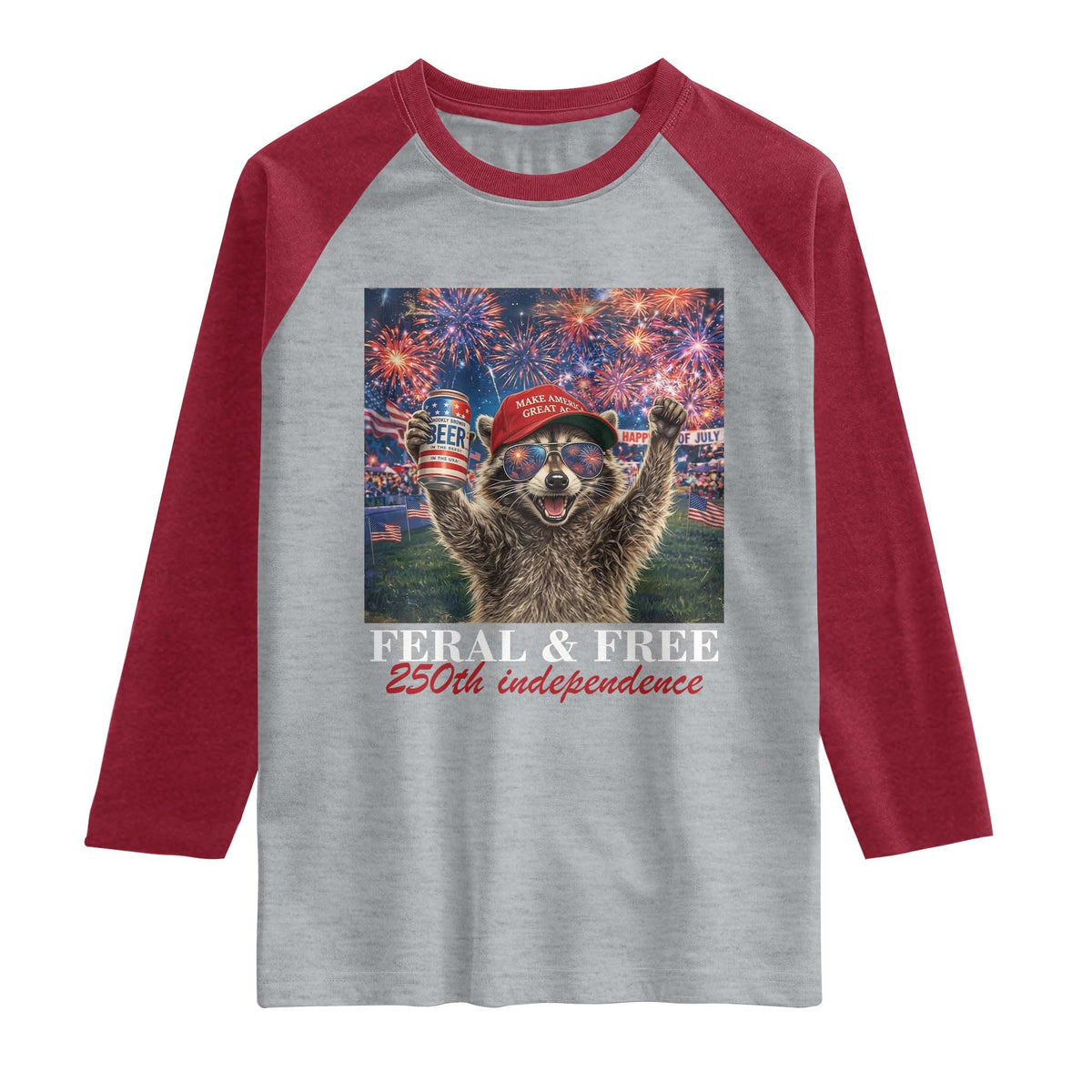 USA 250 Years Freedom Raglan Shirt Feral and Free Funny Raccoon Driking Beer 4th of July TS14 Heather Gray Heather Red Print Your Wear