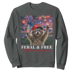 USA 250 Years Freedom Sweatshirt Feral and Free Funny Raccoon Driking Beer 4th of July TS14 Dark Heather Print Your Wear