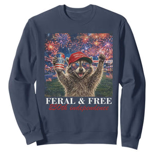 USA 250 Years Freedom Sweatshirt Feral and Free Funny Raccoon Driking Beer 4th of July TS14 Navy Print Your Wear
