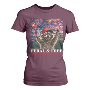 USA 250 Years Freedom T Shirt For Women Feral and Free Funny Raccoon Driking Beer 4th of July TS14 Maroon Print Your Wear