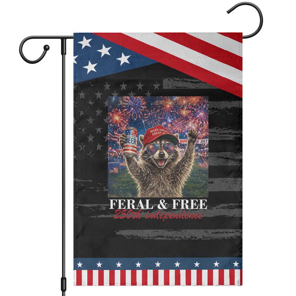 USA 250 Years Freedom Patriotic Garden Flag Feral and Free Funny Raccoon Driking Beer 4th of July TS14 Distressed Black Blue Print Your Wear