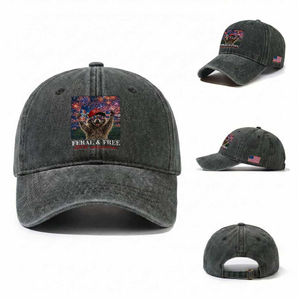 USA 250 Years Freedom Washed Cotton Baseball Cap Feral and Free Funny Raccoon Driking Beer 4th of July TS14 Washed Cap Universal Fit Dark Green Print Your Wear