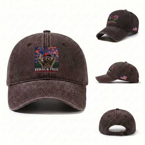 USA 250 Years Freedom Washed Cotton Baseball Cap Feral and Free Funny Raccoon Driking Beer 4th of July TS14 Washed Cap Universal Fit Dark Brown Print Your Wear