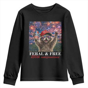 USA 250 Years Freedom Youth Sweatshirt Feral and Free Funny Raccoon Driking Beer 4th of July TS14 Black Print Your Wear