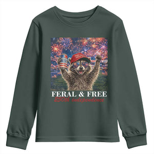 USA 250 Years Freedom Youth Sweatshirt Feral and Free Funny Raccoon Driking Beer 4th of July TS14 Dark Forest Green Print Your Wear