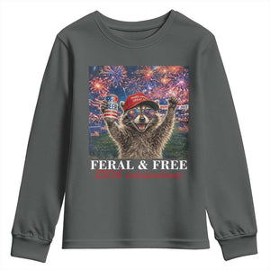 USA 250 Years Freedom Youth Sweatshirt Feral and Free Funny Raccoon Driking Beer 4th of July TS14 Dark Heather Print Your Wear