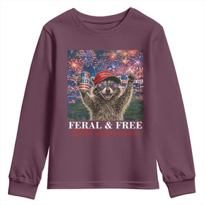 USA 250 Years Freedom Youth Sweatshirt Feral and Free Funny Raccoon Driking Beer 4th of July TS14 Maroon Print Your Wear