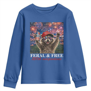 USA 250 Years Freedom Youth Sweatshirt Feral and Free Funny Raccoon Driking Beer 4th of July TS14 Royal Blue Print Your Wear