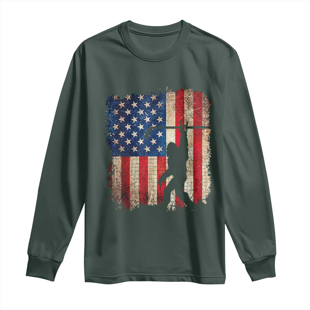 USA Hockey Bigfoot Long Sleeve Shirt Patriotic Sasquatch American Flag 4th of July TS14 Dark Forest Green Print Your Wear