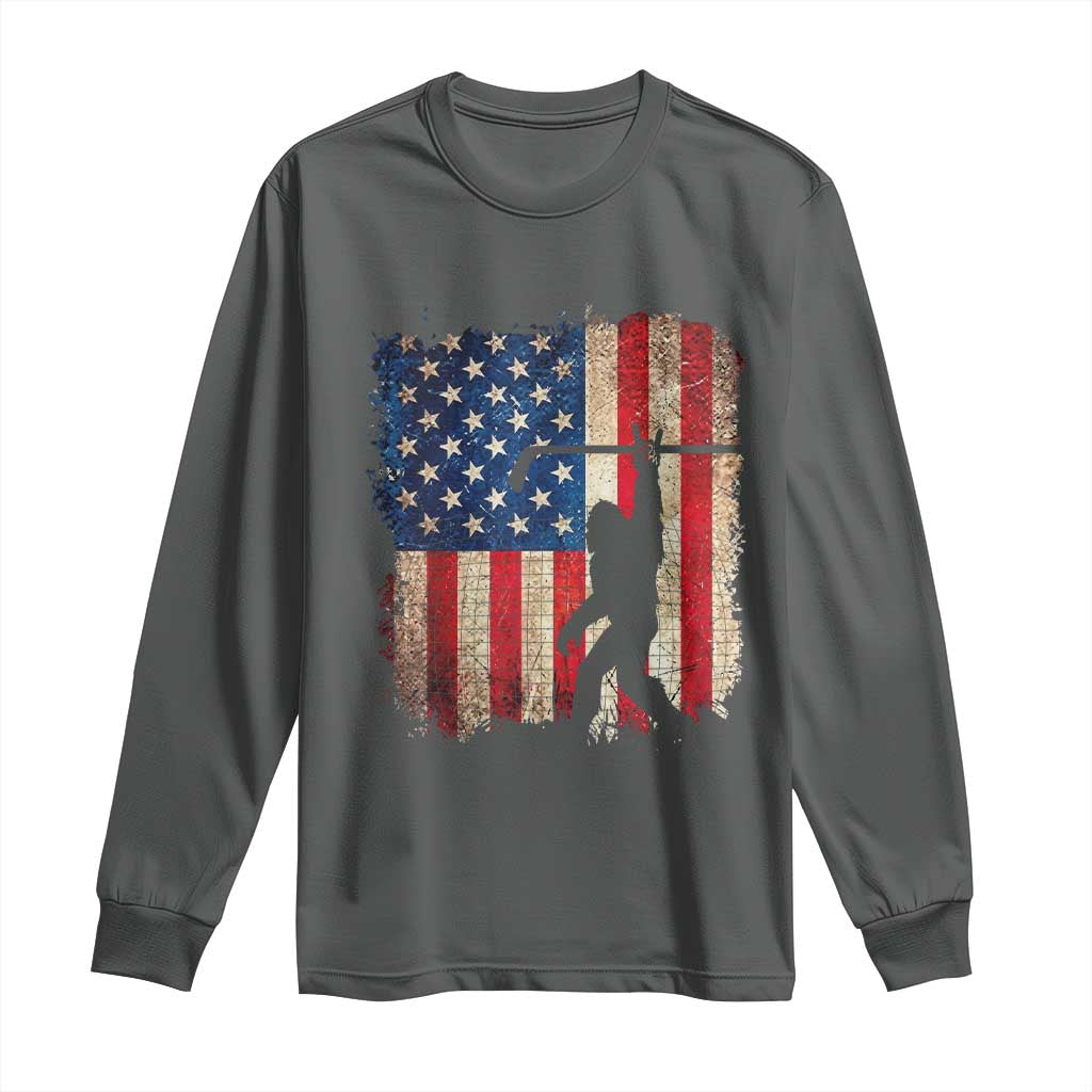 USA Hockey Bigfoot Long Sleeve Shirt Patriotic Sasquatch American Flag 4th of July TS14 Dark Heather Print Your Wear