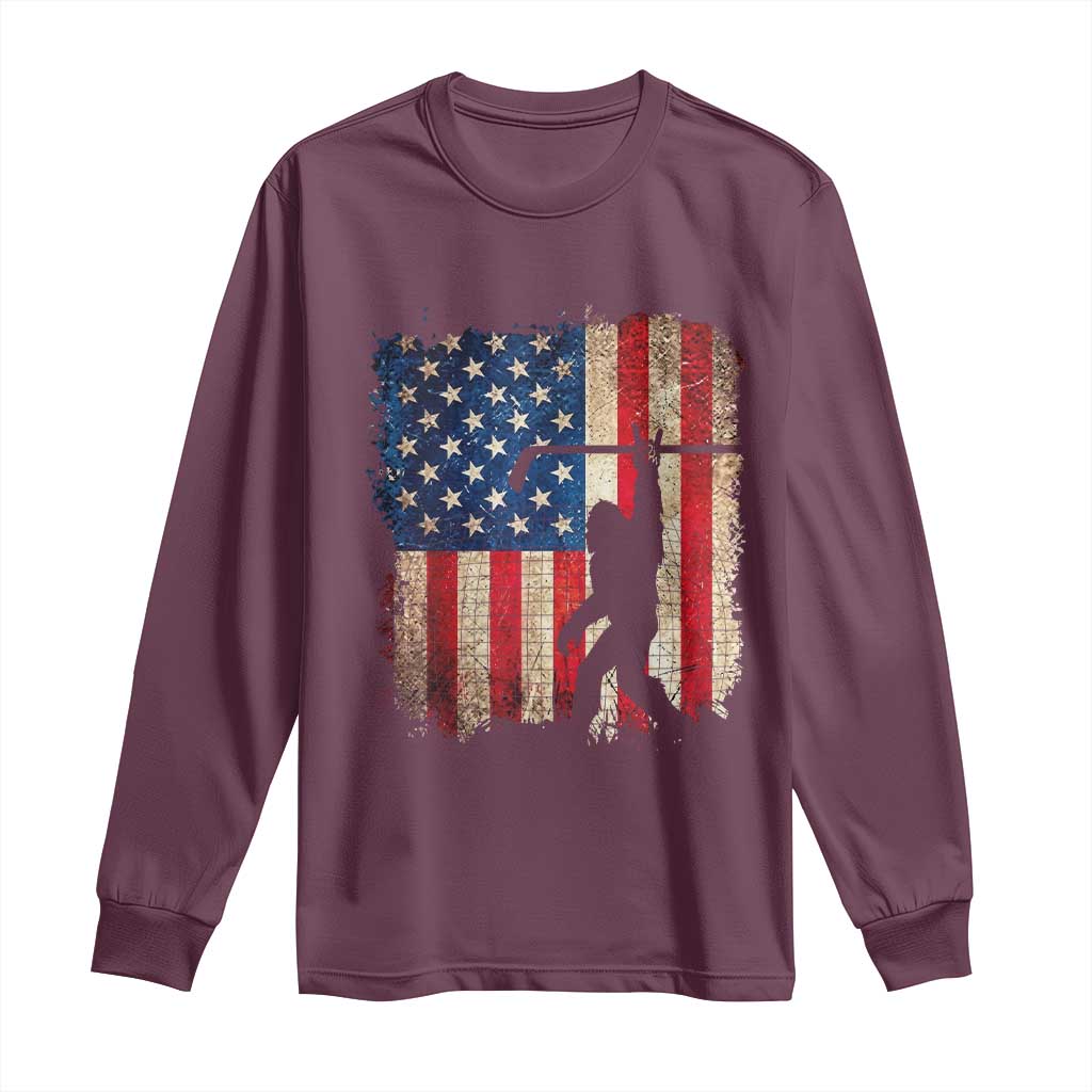 USA Hockey Bigfoot Long Sleeve Shirt Patriotic Sasquatch American Flag 4th of July TS14 Maroon Print Your Wear