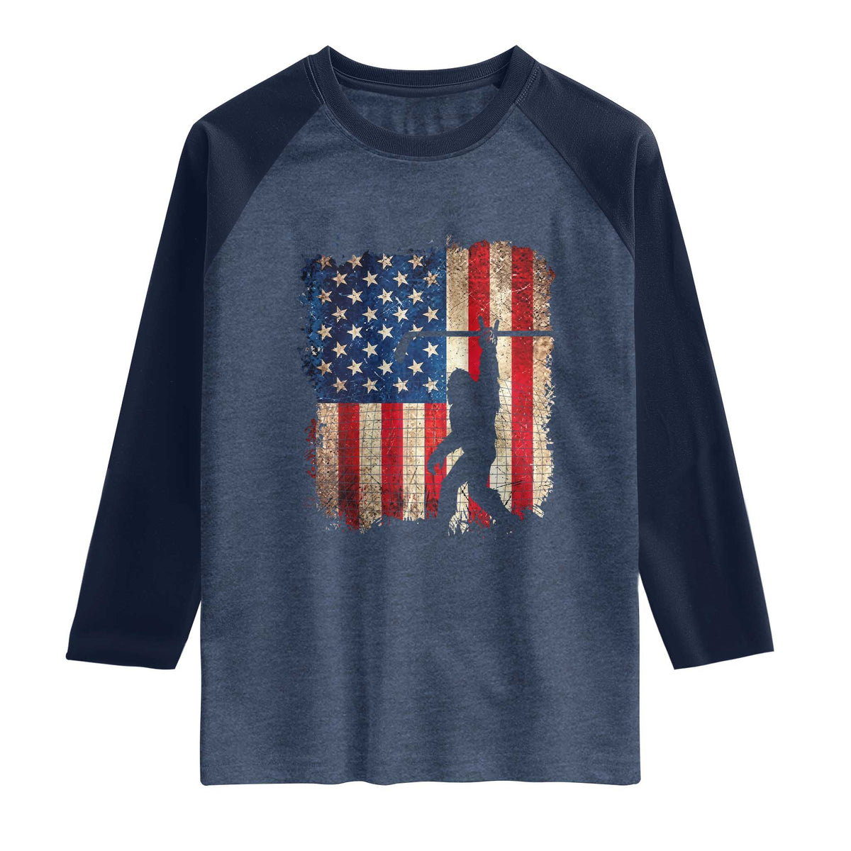 USA Hockey Bigfoot Raglan Shirt Patriotic Sasquatch American Flag 4th of July TS14 Heather Denim Navy Print Your Wear