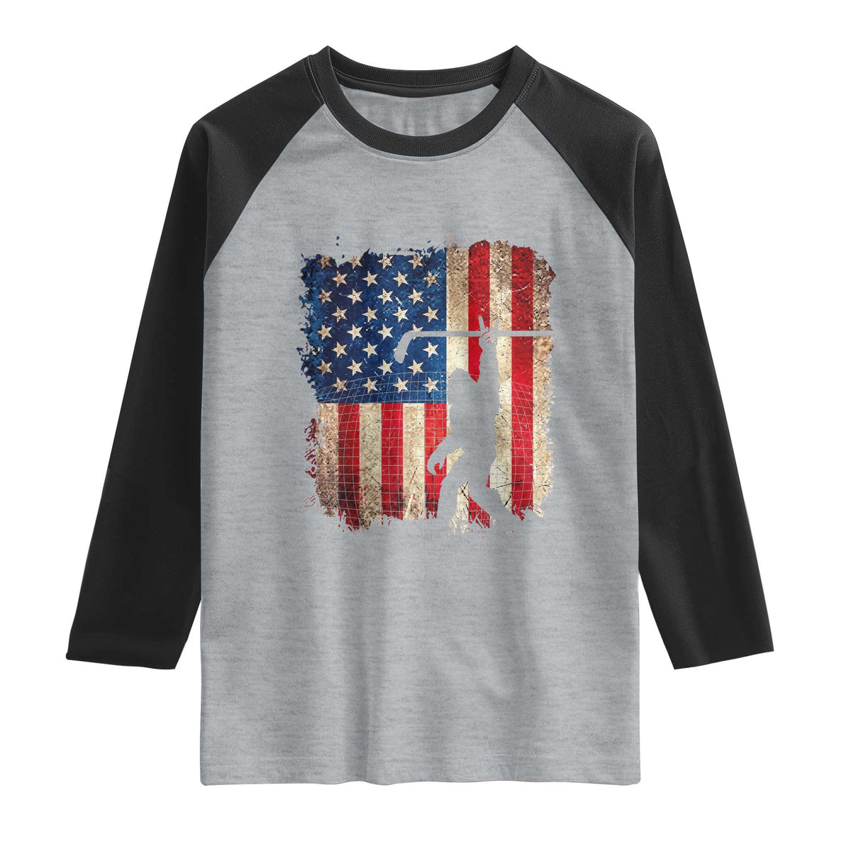 USA Hockey Bigfoot Raglan Shirt Patriotic Sasquatch American Flag 4th of July TS14 Heather Gray Black Print Your Wear