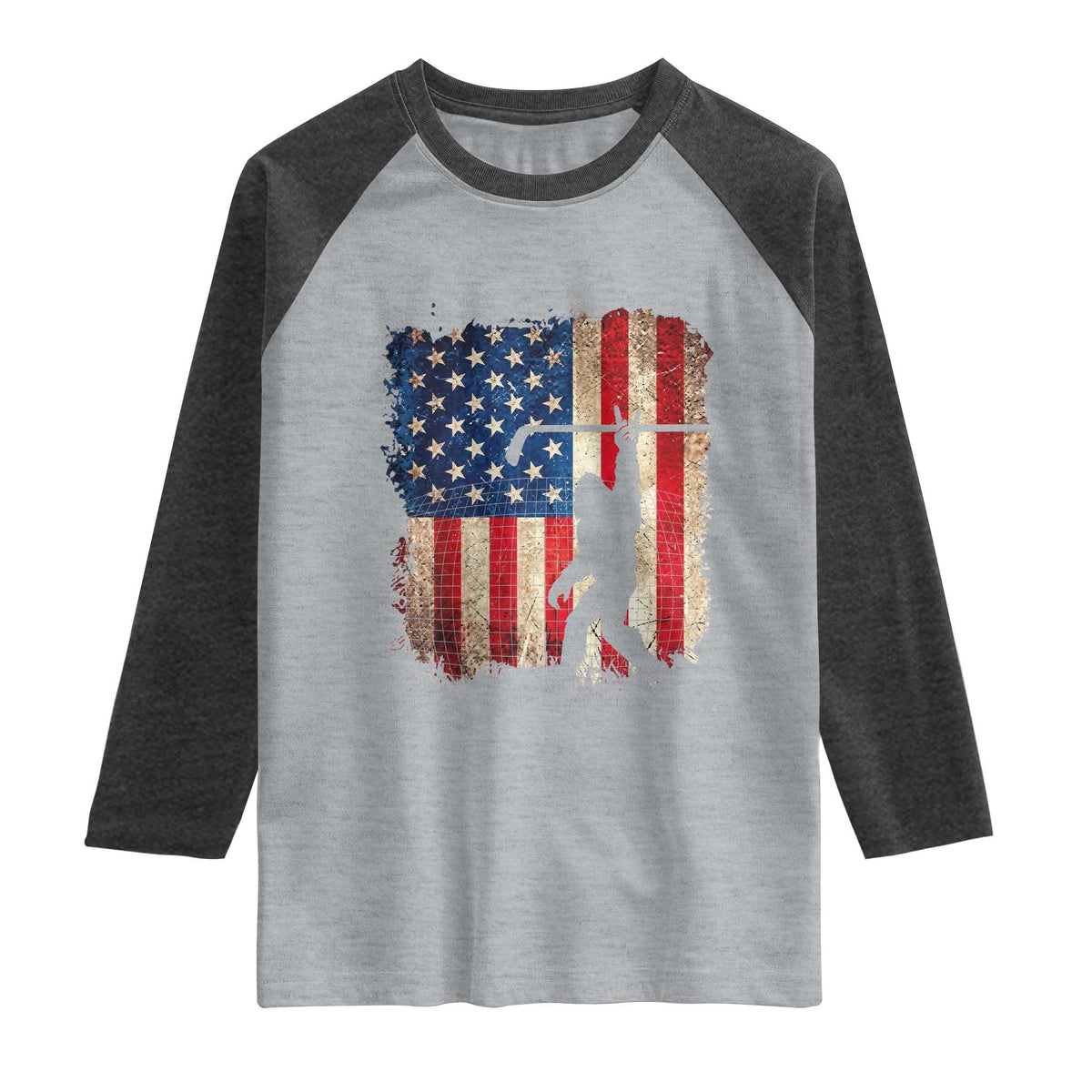 USA Hockey Bigfoot Raglan Shirt Patriotic Sasquatch American Flag 4th of July TS14 Heather Gray Heather Charcoal Print Your Wear