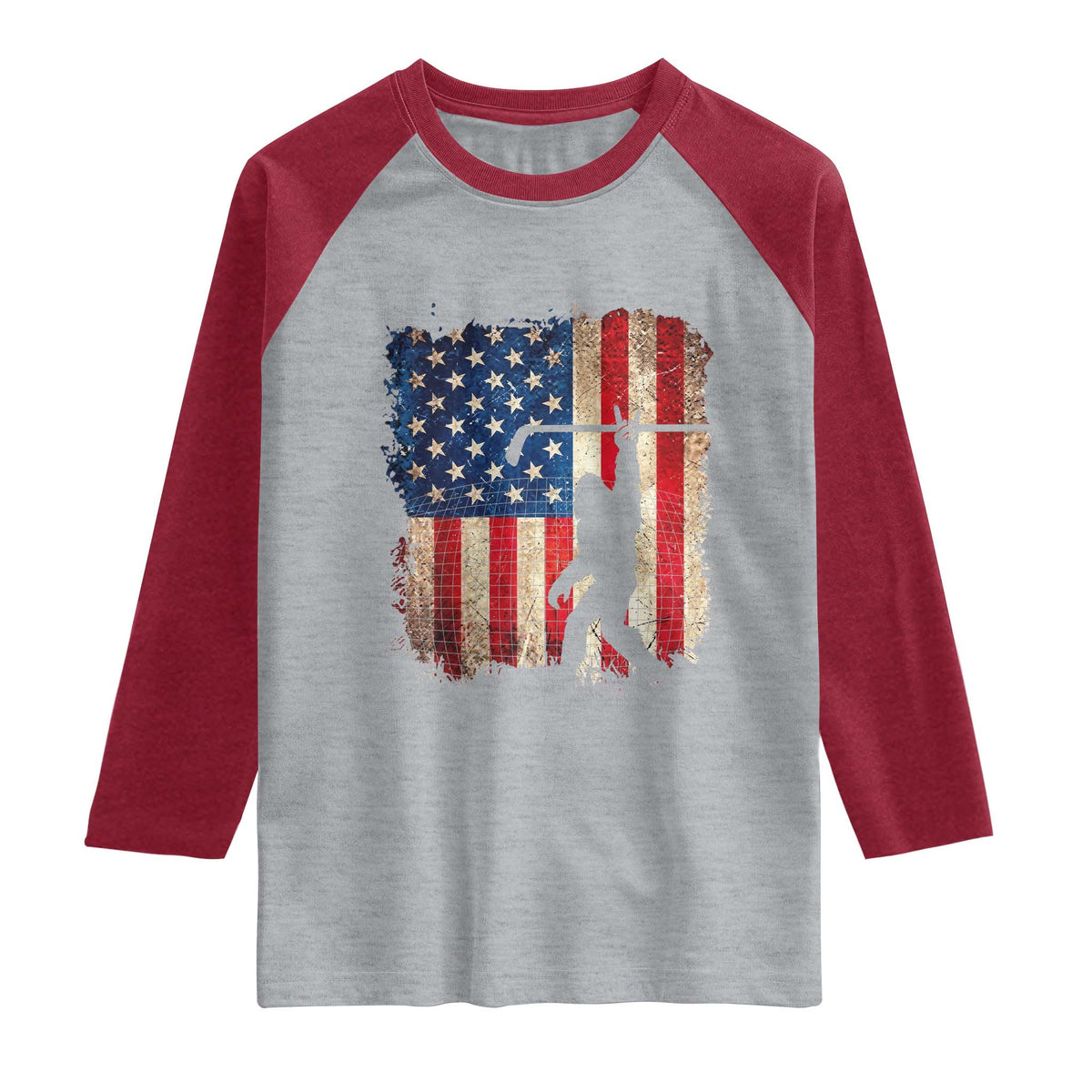 USA Hockey Bigfoot Raglan Shirt Patriotic Sasquatch American Flag 4th of July TS14 Heather Gray Heather Red Print Your Wear