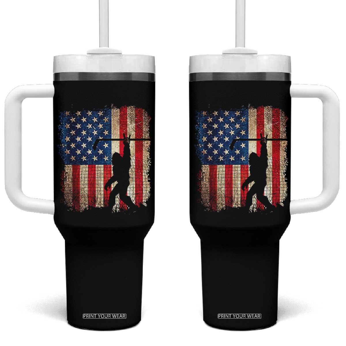 USA Hockey Bigfoot Tumbler With Handle Patriotic Sasquatch American Flag 4th of July TS14 One Size: 40 oz Black Print Your Wear