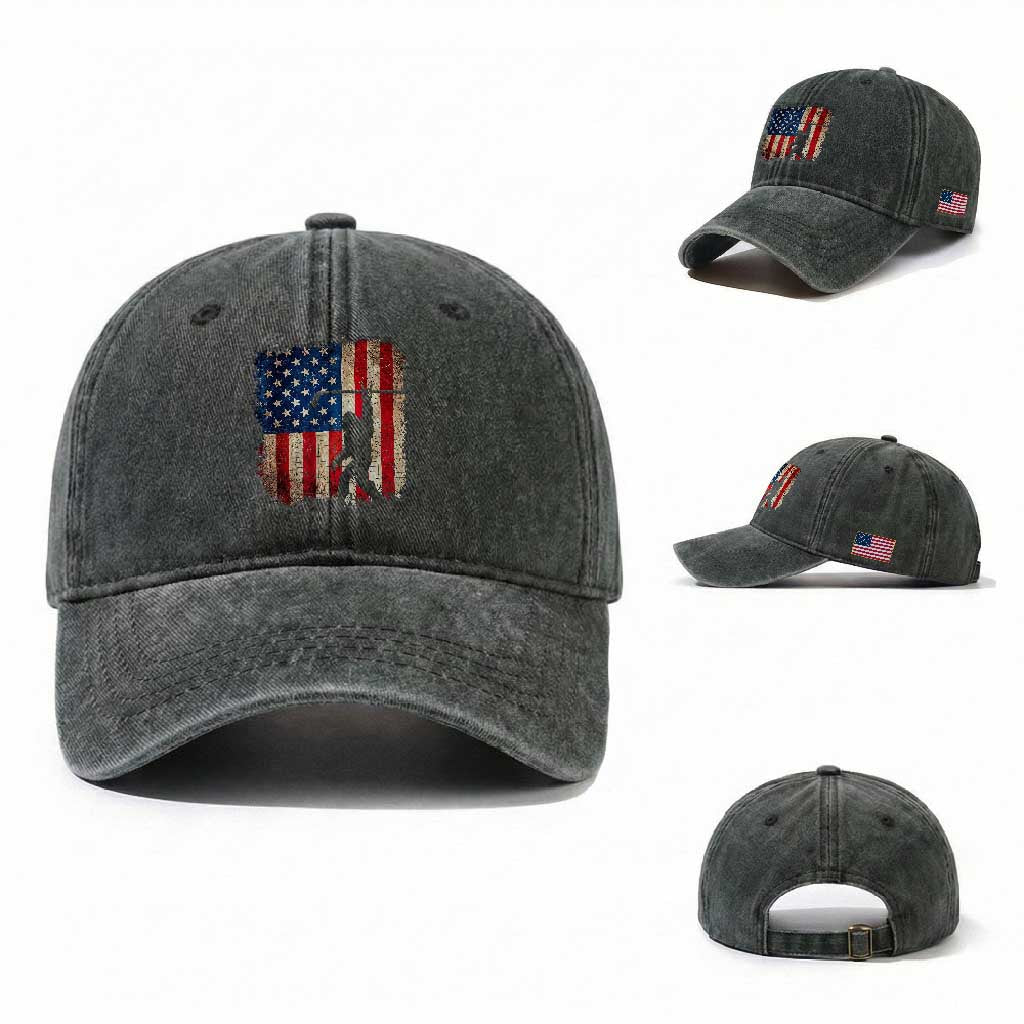 USA Hockey Bigfoot Washed Cotton Baseball Cap Patriotic Sasquatch American Flag 4th of July TS14 Washed Cap Universal Fit Dark Green Print Your Wear