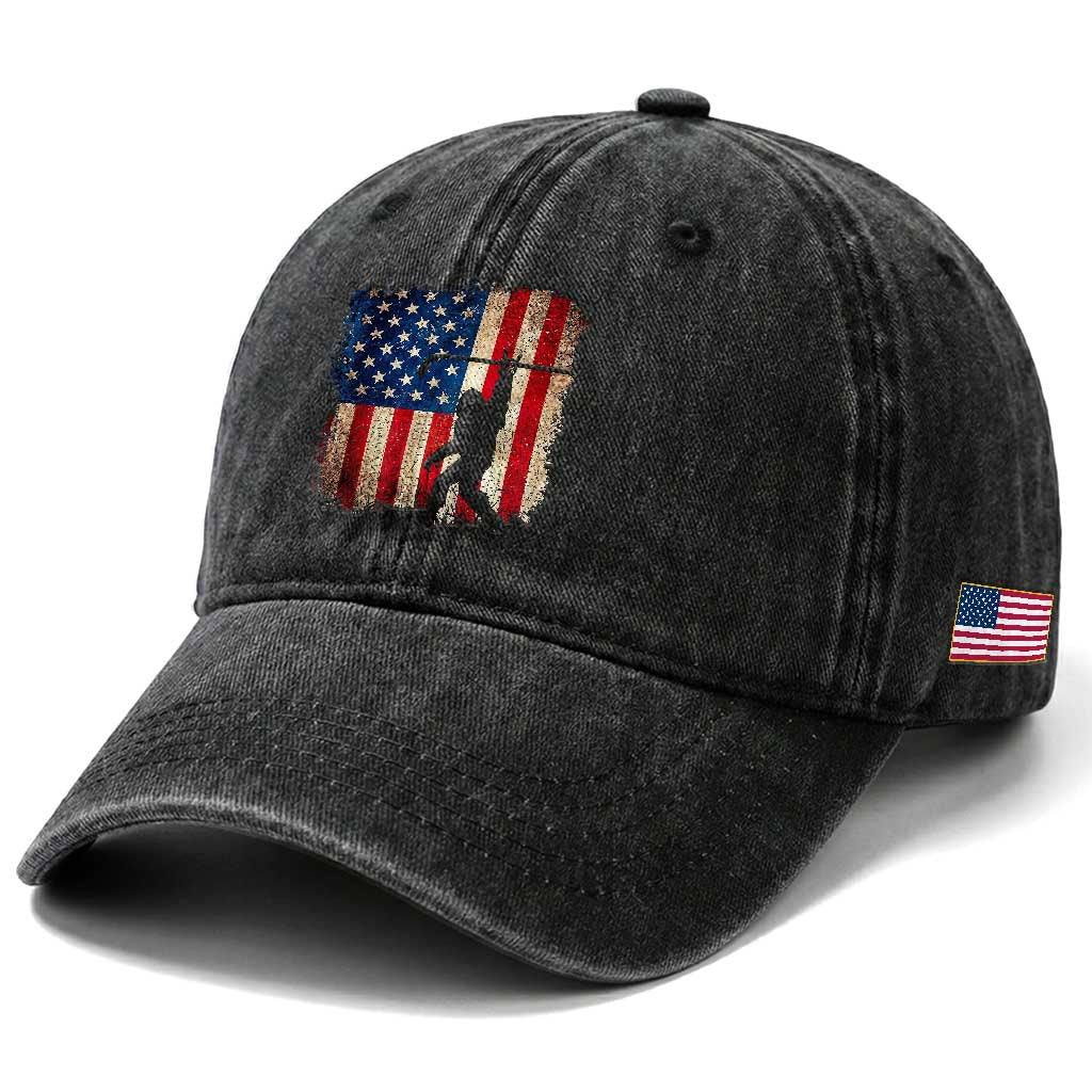 USA Hockey Bigfoot Washed Cotton Baseball Cap Patriotic Sasquatch American Flag 4th of July TS14 Print Your Wear