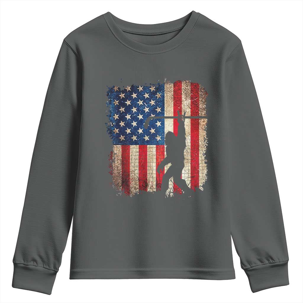 USA Hockey Bigfoot Youth Sweatshirt Patriotic Sasquatch American Flag 4th of July TS14 Dark Heather Print Your Wear
