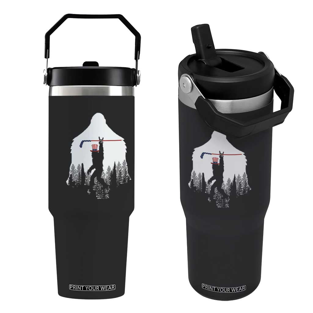 Bigfoot USA Ice Hockey 4th of July Flip Straw Tumbler Funny Sasquatch Patriotic American Flag TS14 One Size: 30 oz Black Print Your Wear