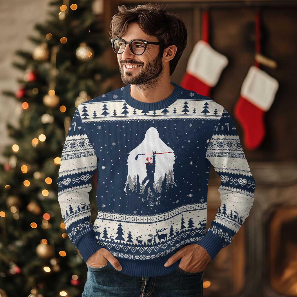 Bigfoot USA Ice Hockey 4th of July Ugly Christmas Sweater Funny Sasquatch Patriotic American Flag TS14 Navy Beige Print Your Wear