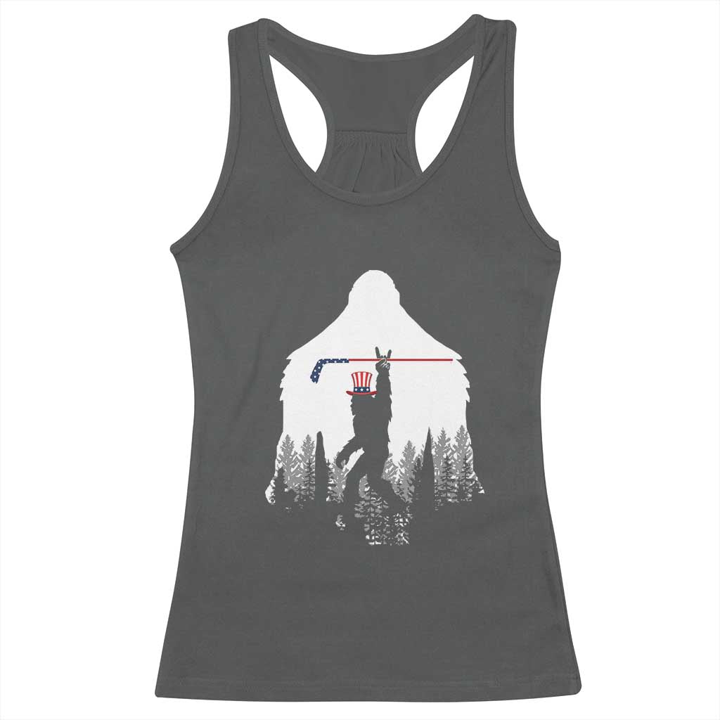 Bigfoot USA Ice Hockey 4th of July Racerback Tank Top Funny Sasquatch Patriotic American Flag TS14 Dark Heather Print Your Wear