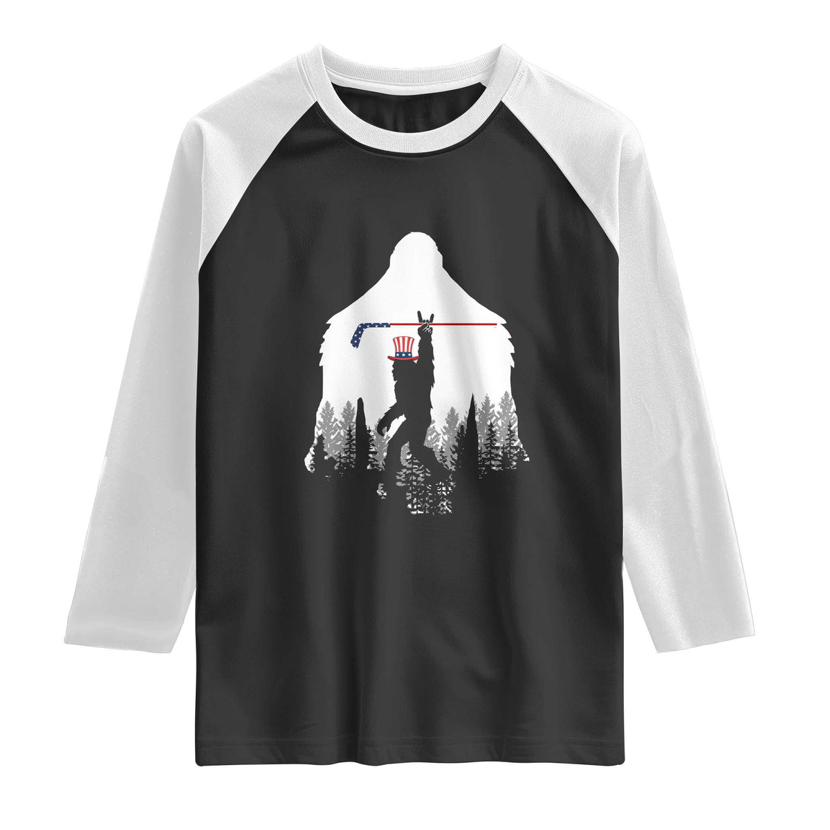 Bigfoot USA Ice Hockey 4th of July Raglan Shirt Funny Sasquatch Patriotic American Flag TS14 Black White Print Your Wear