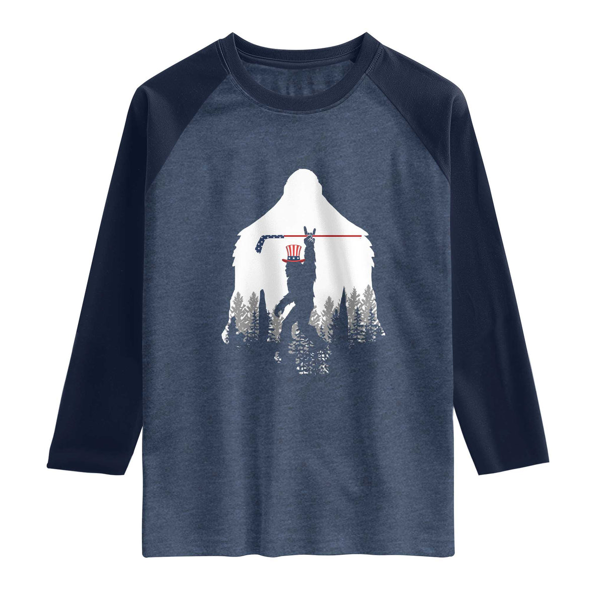 Bigfoot USA Ice Hockey 4th of July Raglan Shirt Funny Sasquatch Patriotic American Flag TS14 Heather Denim Navy Print Your Wear