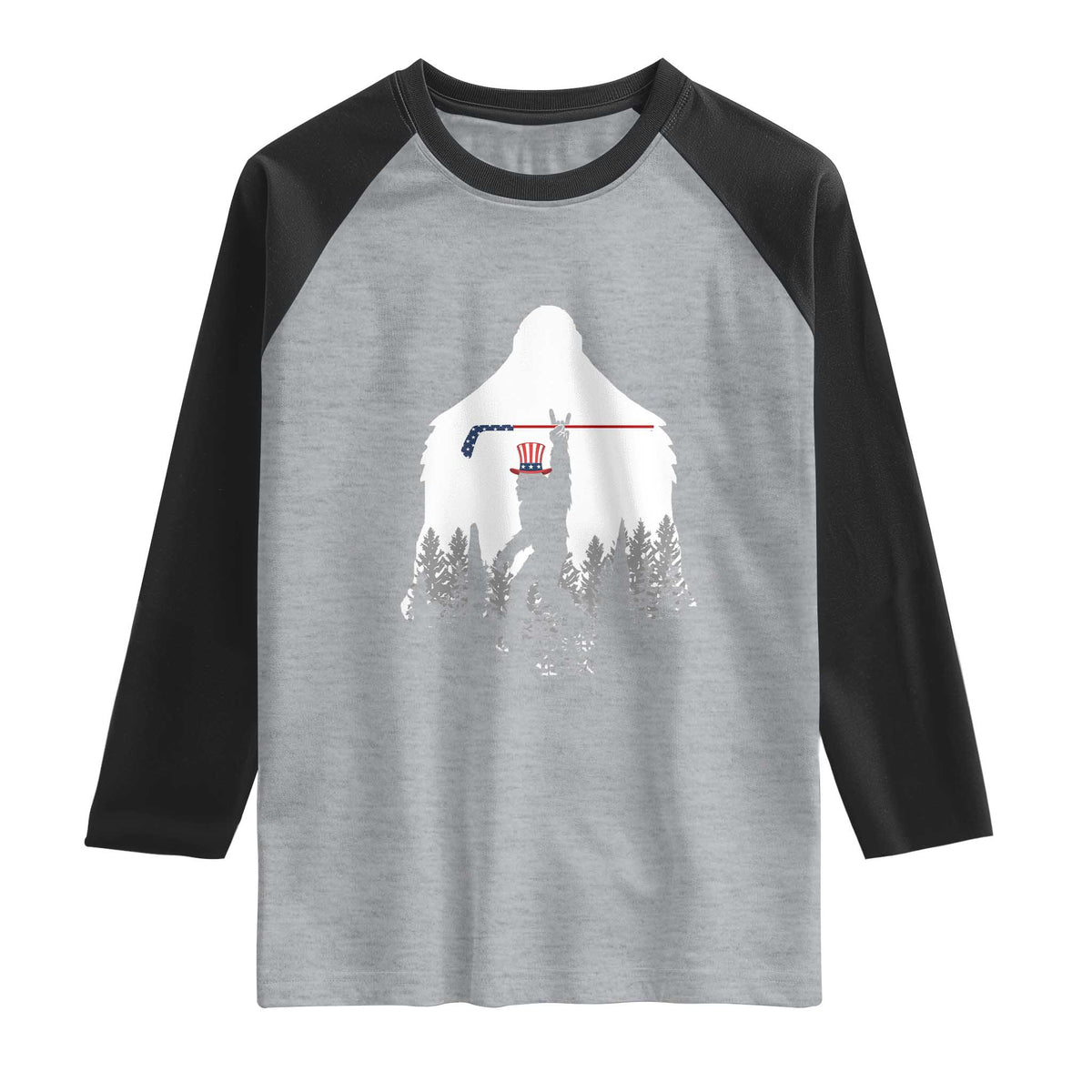 Bigfoot USA Ice Hockey 4th of July Raglan Shirt Funny Sasquatch Patriotic American Flag TS14 Heather Gray Black Print Your Wear