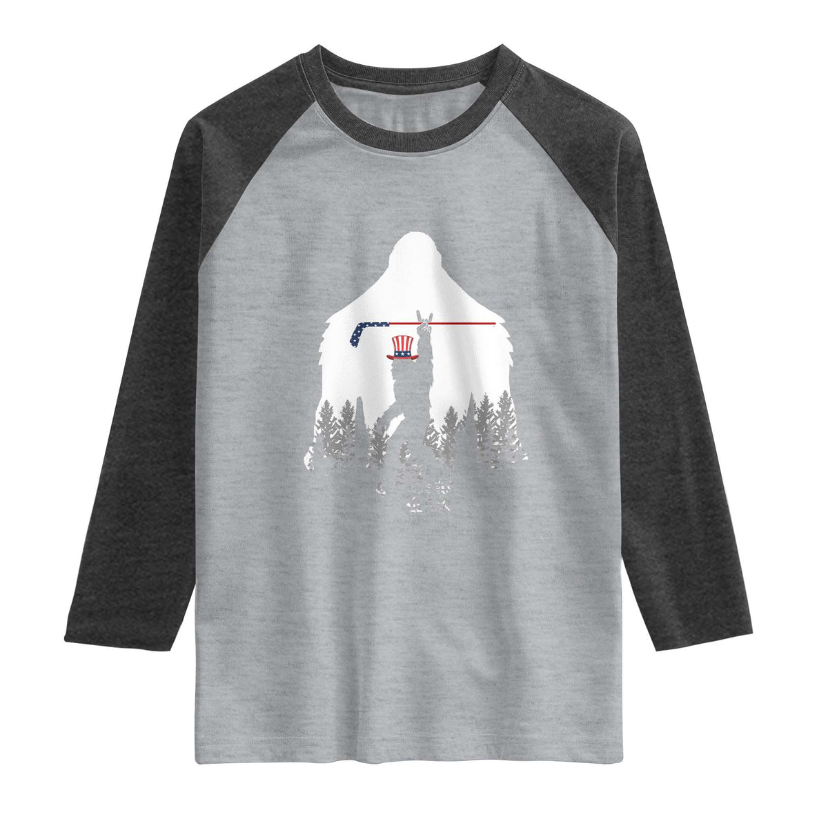 Bigfoot USA Ice Hockey 4th of July Raglan Shirt Funny Sasquatch Patriotic American Flag TS14 Heather Gray Heather Charcoal Print Your Wear