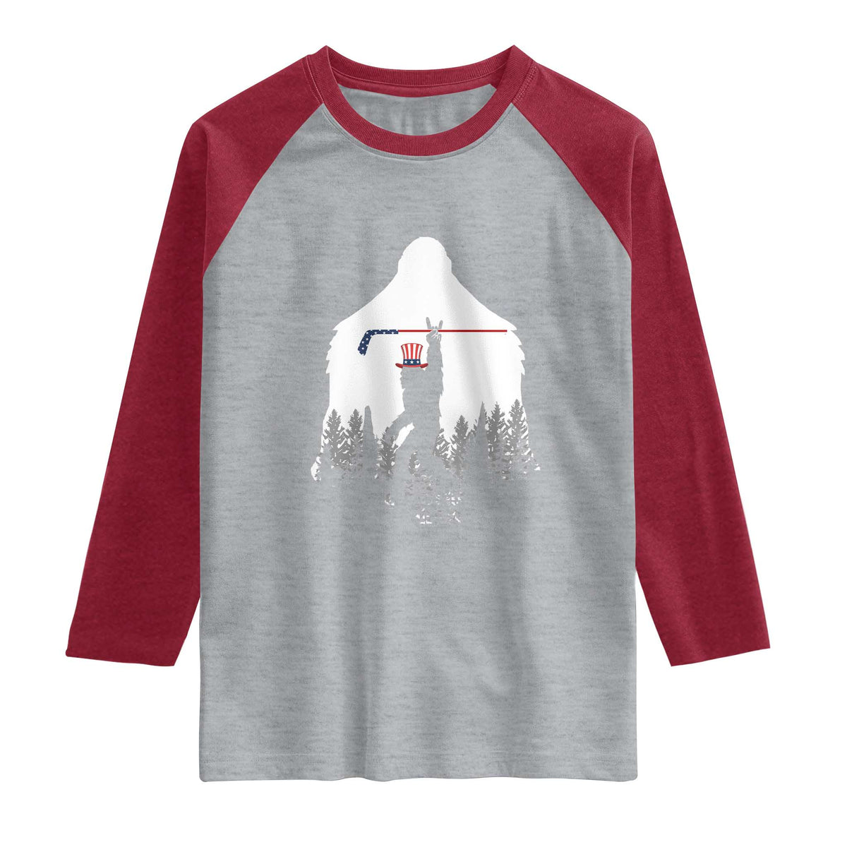 Bigfoot USA Ice Hockey 4th of July Raglan Shirt Funny Sasquatch Patriotic American Flag TS14 Heather Gray Heather Red Print Your Wear