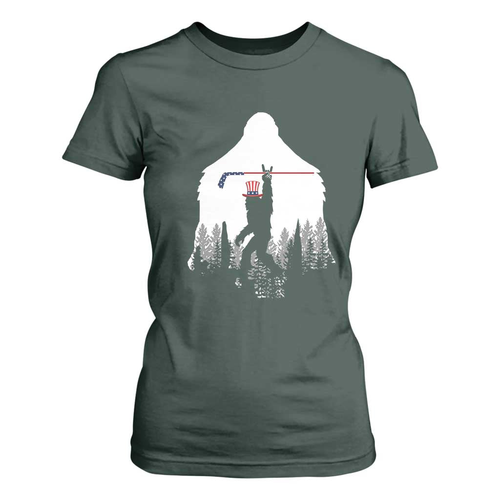 Bigfoot USA Ice Hockey 4th of July T Shirt For Women Funny Sasquatch Patriotic American Flag TS14 Dark Forest Green Print Your Wear