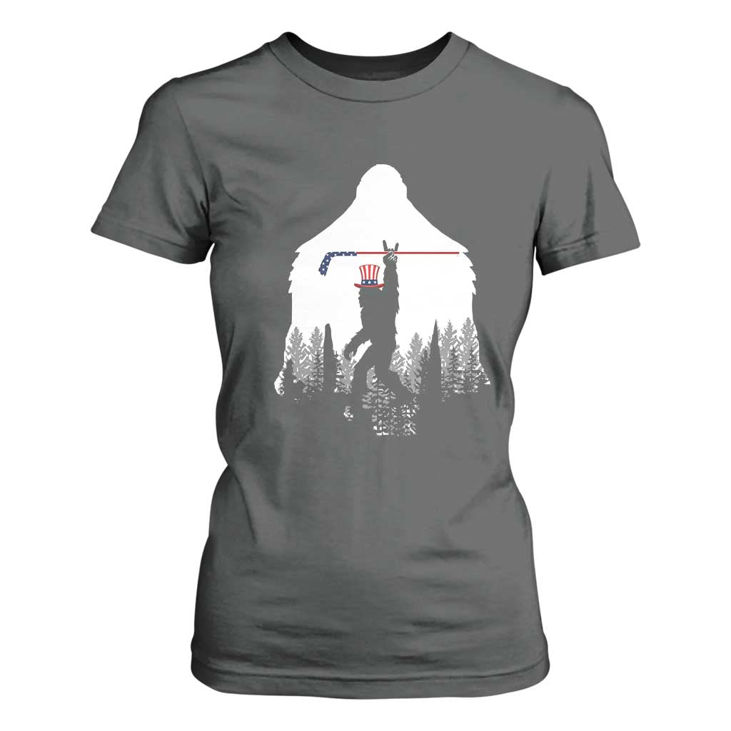 Bigfoot USA Ice Hockey 4th of July T Shirt For Women Funny Sasquatch Patriotic American Flag TS14 Dark Heather Print Your Wear