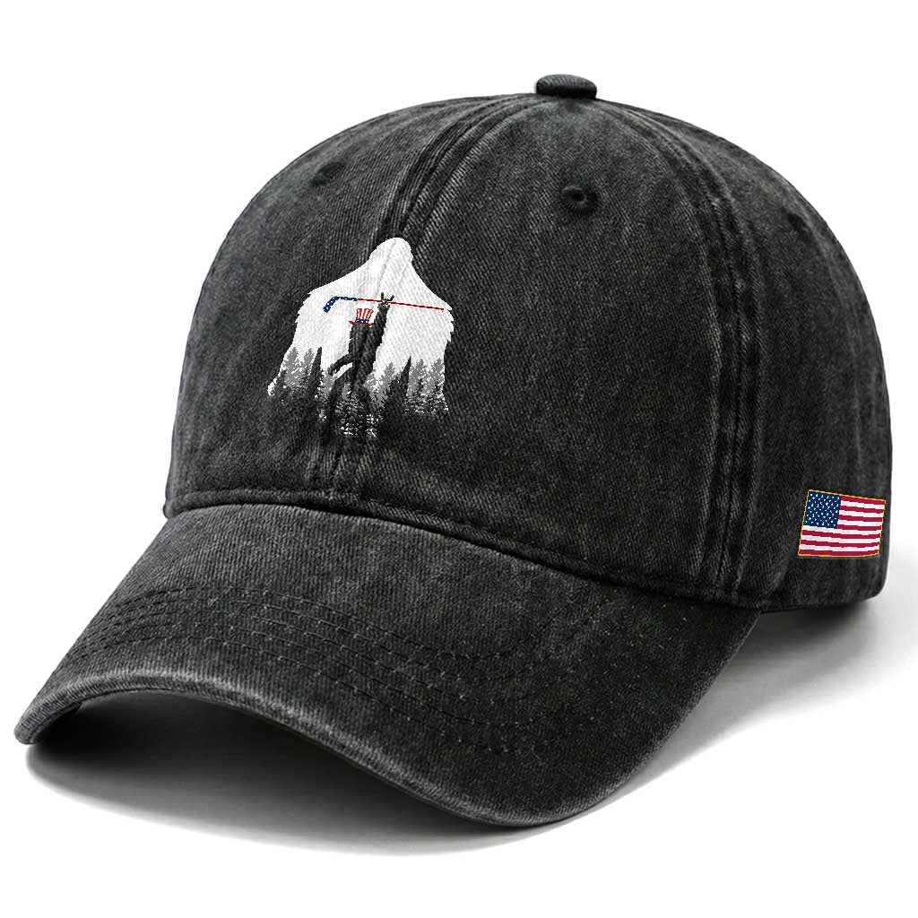 Bigfoot USA Ice Hockey 4th of July Washed Cotton Baseball Cap Funny Sasquatch Patriotic American Flag TS14 Print Your Wear