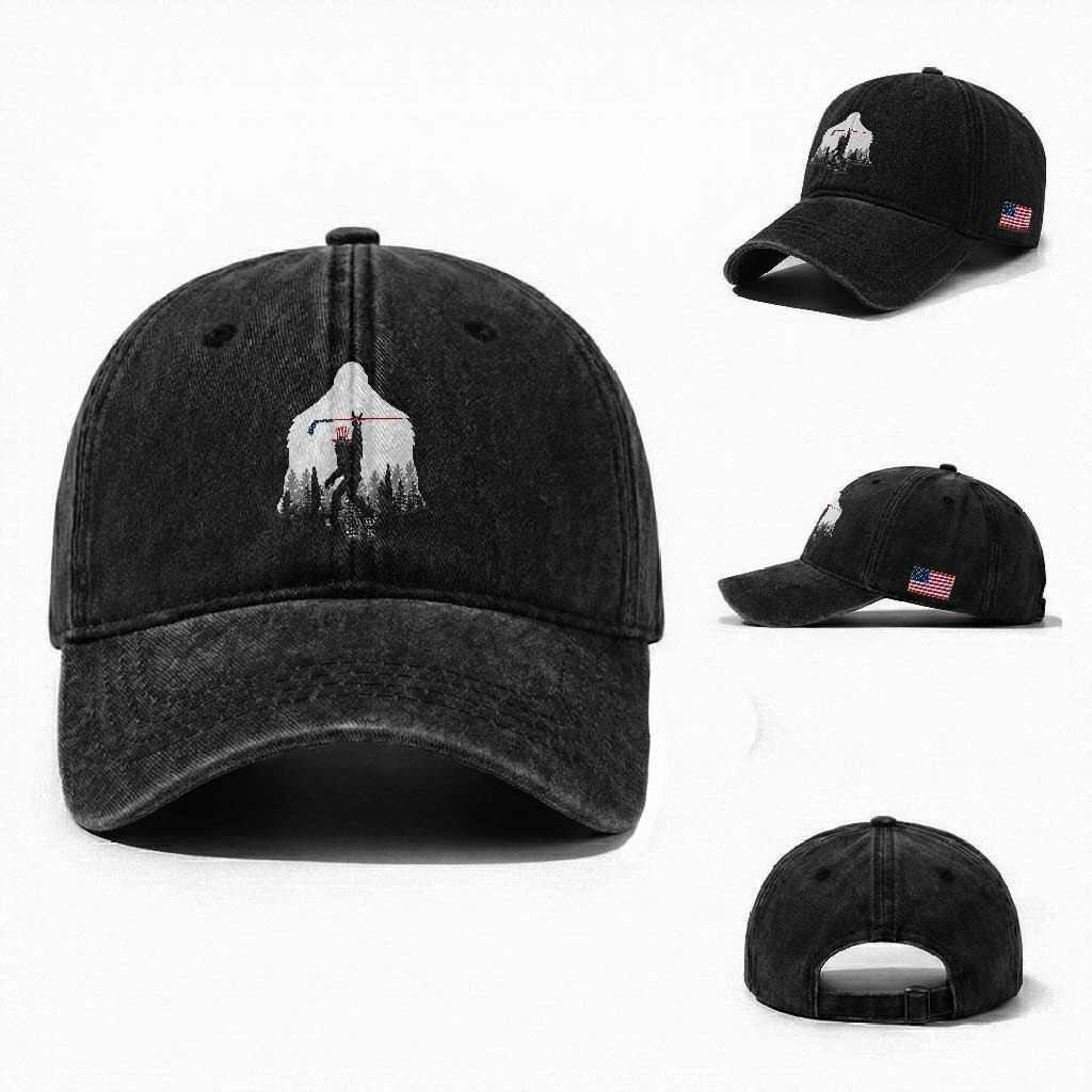Bigfoot USA Ice Hockey 4th of July Washed Cotton Baseball Cap Funny Sasquatch Patriotic American Flag TS14 Washed Cap Universal Fit Black Print Your Wear