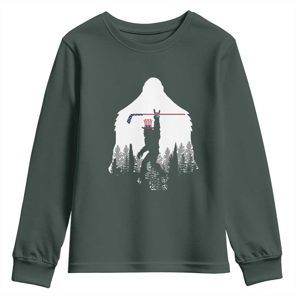 Bigfoot USA Ice Hockey 4th of July Youth Sweatshirt Funny Sasquatch Patriotic American Flag TS14 Dark Forest Green Print Your Wear